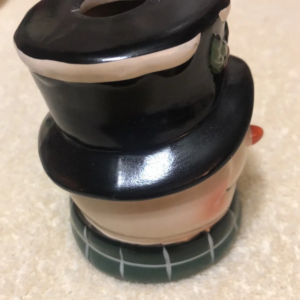 Snowman Head Ceramic Candle Holder - Top hat with Holly - 3.75”x3.25”